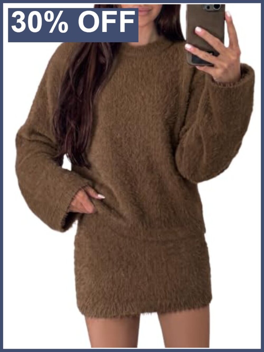 Fuzzy Knit Pullover Sweater and Mini Skirt Set Long Sleeve Two Piece Outfit